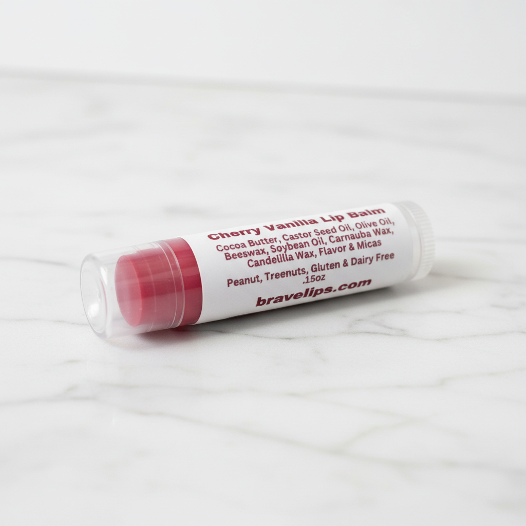 BRAVELiPS Cherry Vanilla flavored lip balm with I Am Worthy affirmation