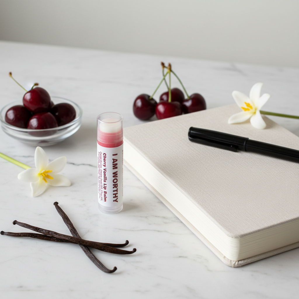 BRAVELiPS Cherry Vanilla flavored lip balm with I Am Worthy affirmation