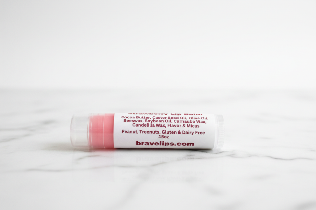 BRAVELiPS Strawberry flavored lip balm with I Am Loved affirmation